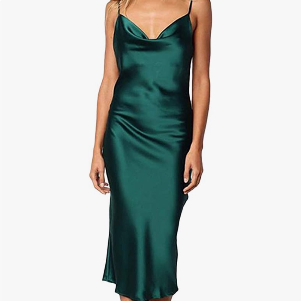 Forest green satin midi dress